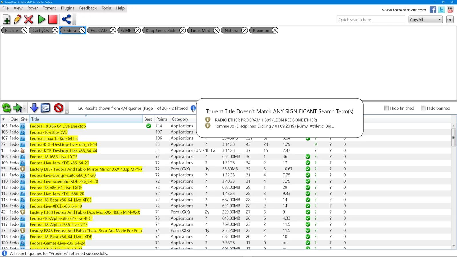 TorrentRover search results after filtering — ads, fake buttons, and junk removed from the list