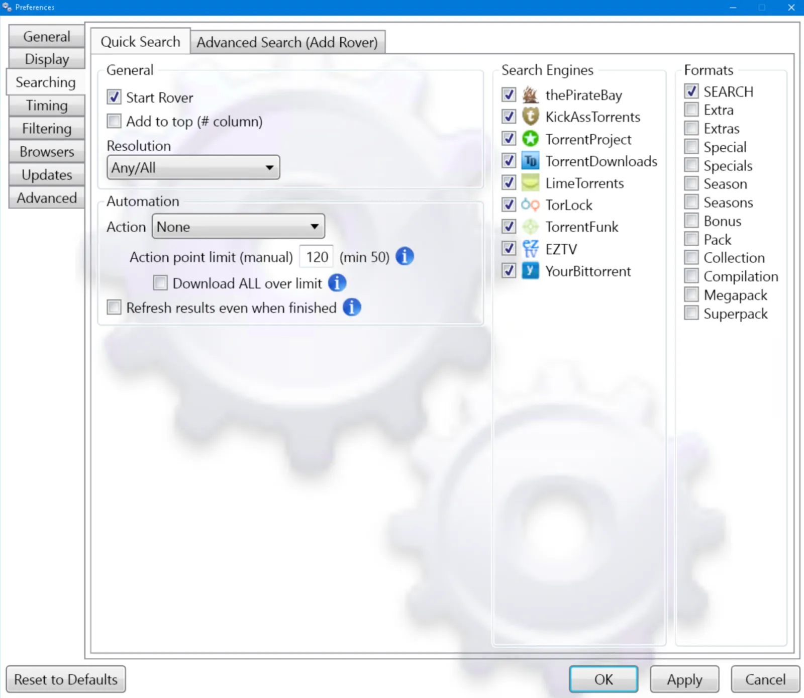 TorrentRover Preferences — the Searching tab: the sites list (search sites and formats) the Definition Engine keeps current