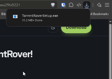 Browser download bar showing TorrentRoverSetup.exe finished downloading