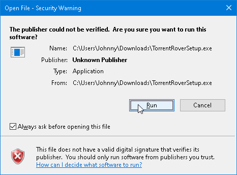 Windows Open File security warning: the publisher could not be verified, with Run and Cancel buttons