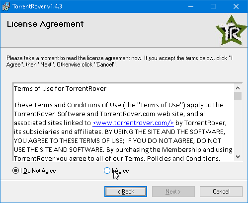 License Agreement screen with the I Do Not Agree and I Agree radio buttons