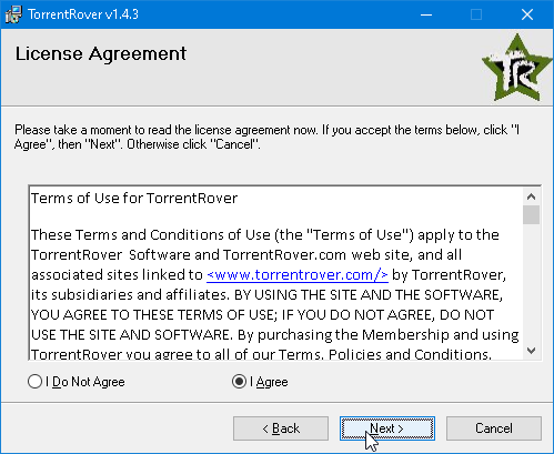 License Agreement screen with I Agree selected and the Next button