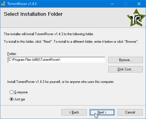 Select Installation Folder screen showing the default program files folder, with the Next button