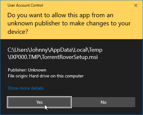 Windows User Account Control dialog asking whether to allow the app to make changes, with Yes and No buttons