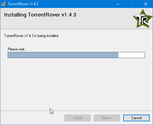 Installing TorrentRover screen with a progress bar, please wait