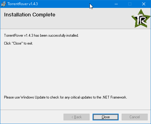 Installation Complete screen, with the Close button